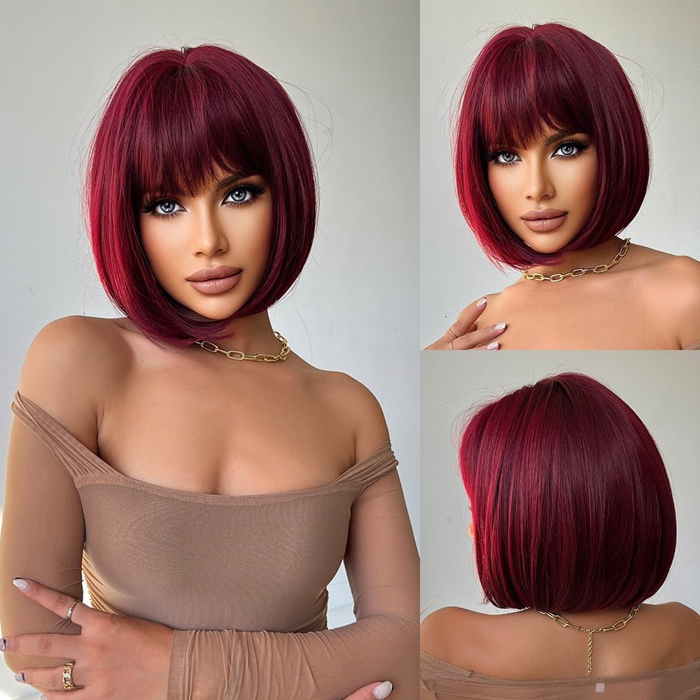 Wine Red Short Straight Synthetic Wigs - HairNjoy